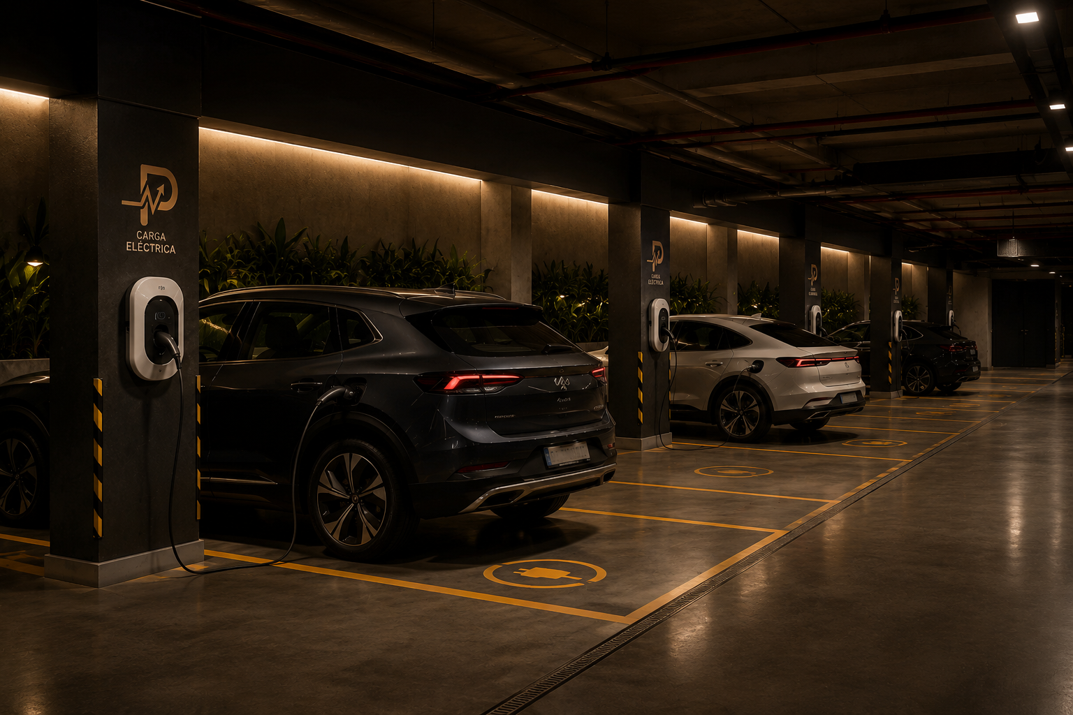Cargadores eléctricos instalados en parqueadero corporativo